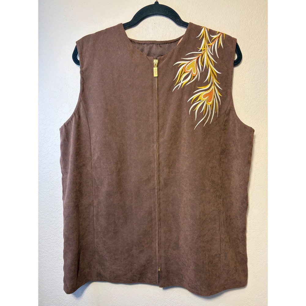Bob Mackie Brown Faux Suede Embroidered Phoenix Zipper Vest Sleeveless Jacket